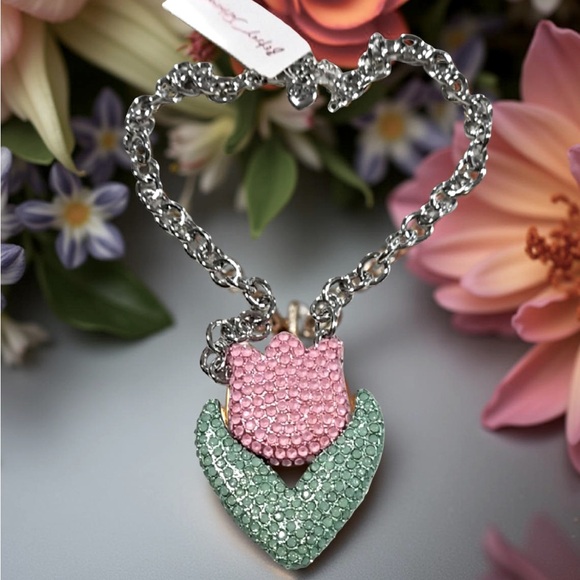 Betsey Johnson NWT Fun Pink & Green Rhinestone Tulip Silver Tone Necklace (J155) - Picture 1 of 8